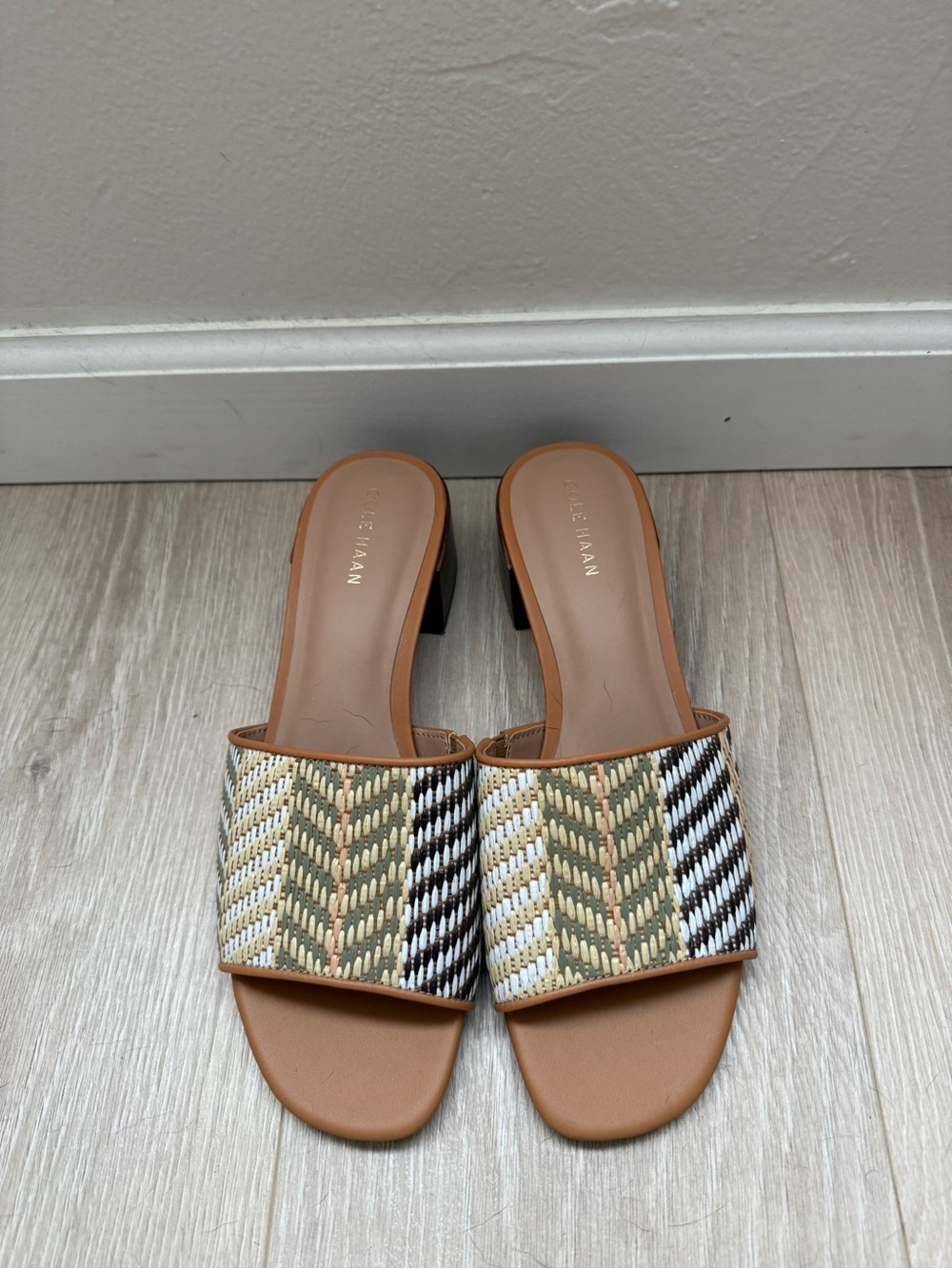 Cole Haan Tan and Multicolor Woven Slide Mules